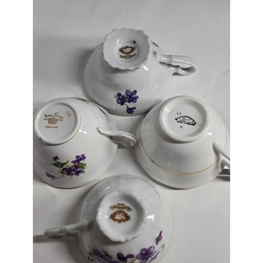 Vintage Purple Violet Teacup Saucer Lot 4 Mismatched Bone China Floral AS IS